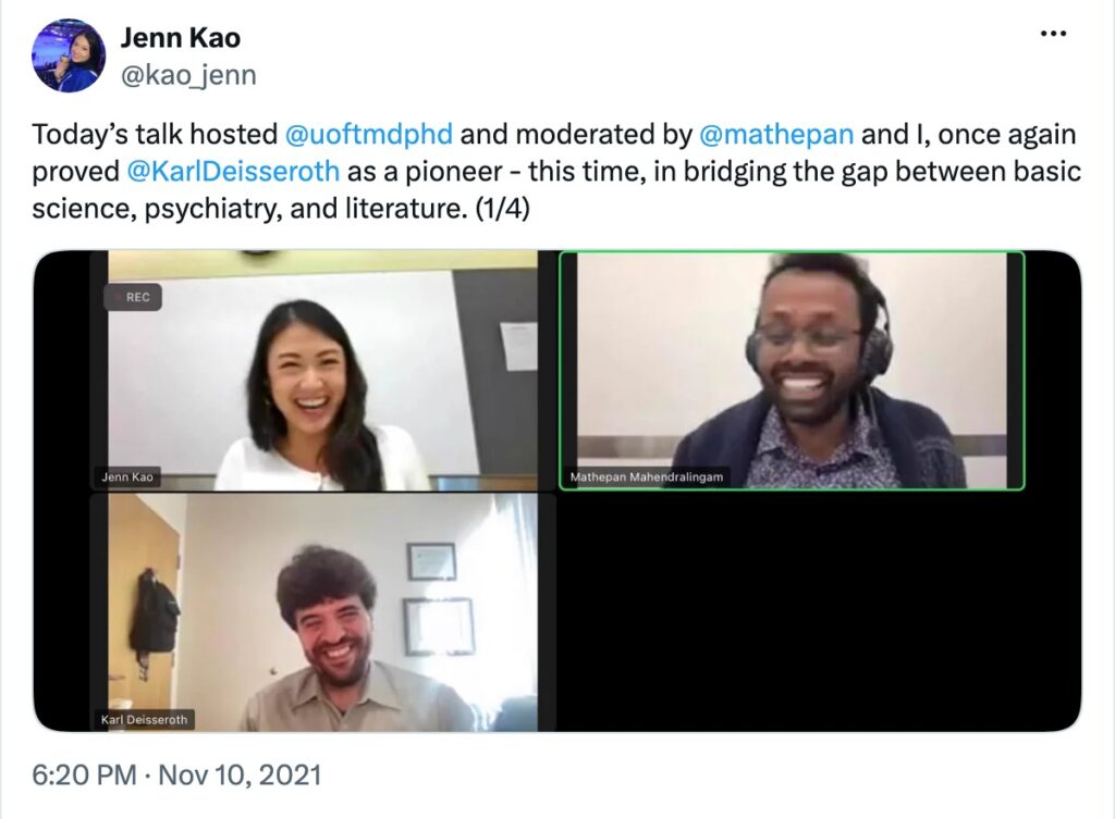 Post on X by Jenn Kao: “Today’s talk hosted @uoftmdphd and moderated by @mathepan and I, once again proved @KarlDeisseroth as a pioneer - this time, in bridging the gap between basic science, psychiatry, and literature. (1/4) pic.twitter.com/8zv5tWkf8d— Jenn Kao (@kao_jenn) November 10, 2021”